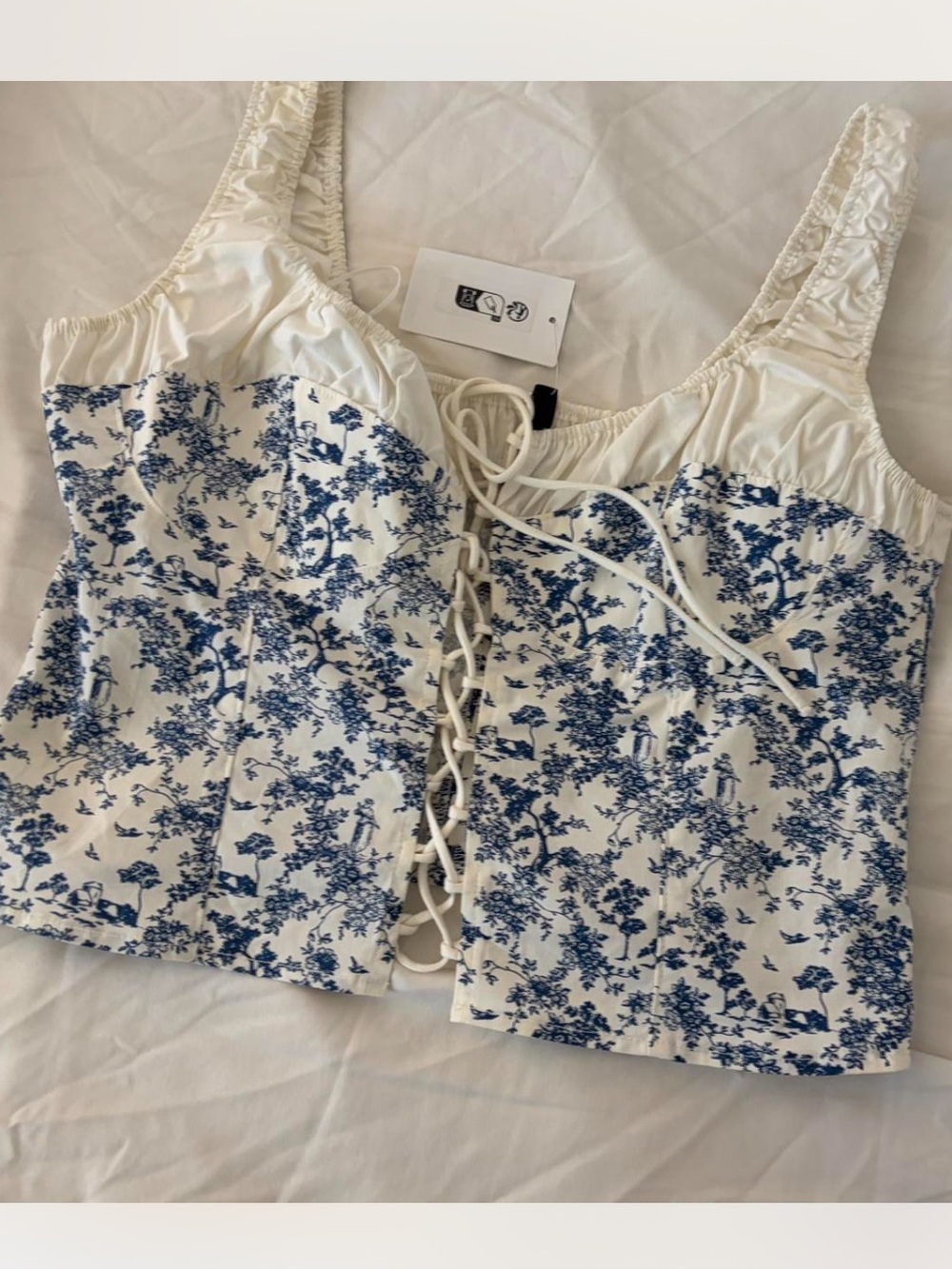 H&M Floral Lace-Up Corset Tank Top - White & Blue